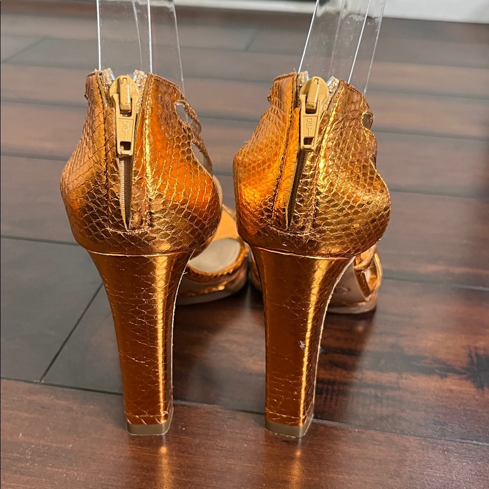 Chloe Women's Python Leather Sandals Heels Criss Cross Metallic Bronze size 36.5 - Picture 4 of 9